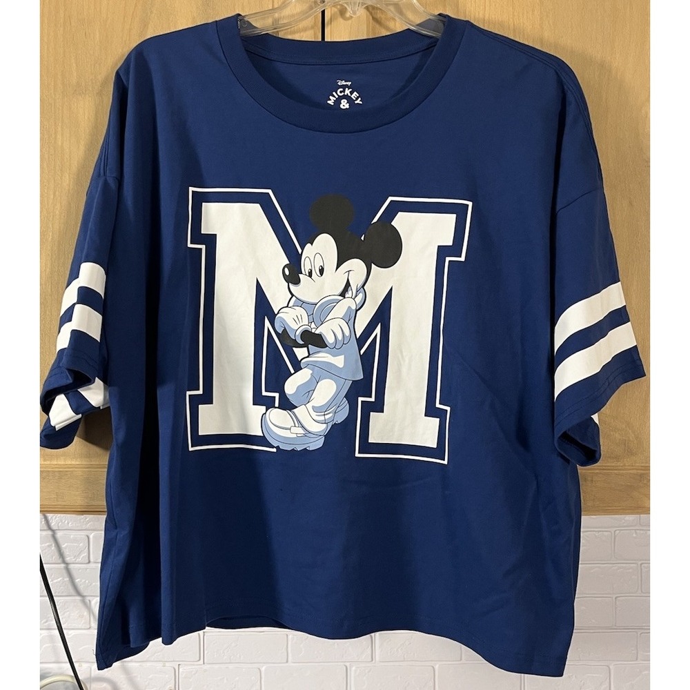 Aeropostale Mickey Mouse T-Shirt Womens Large Blue Graphic Varsity Stripe Tee